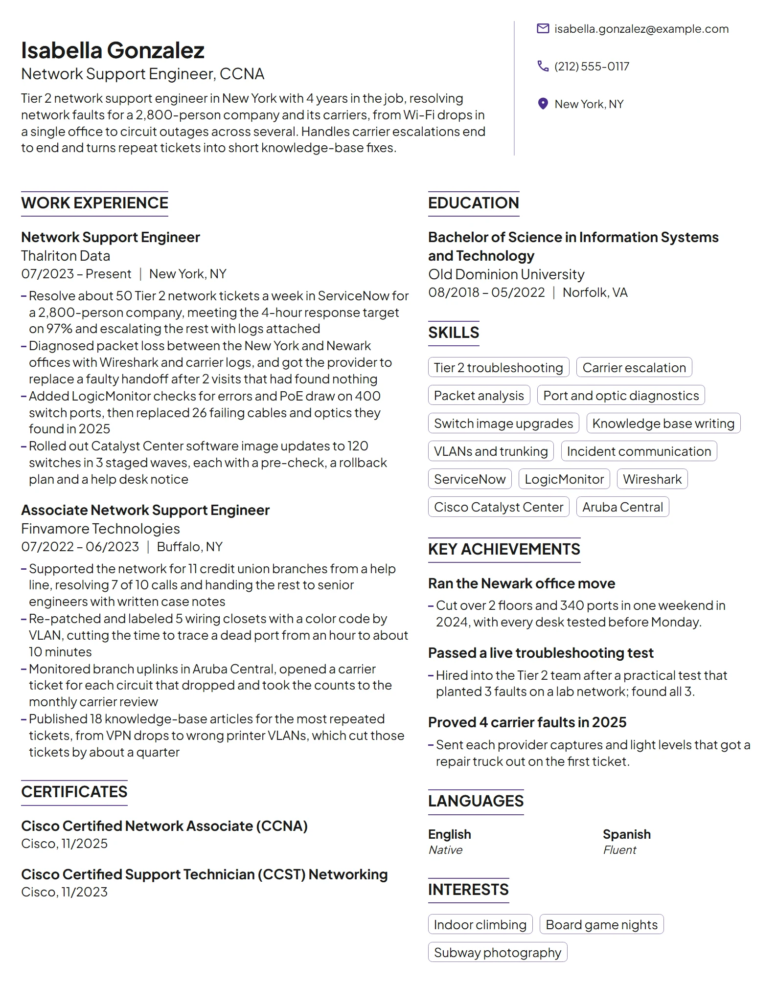 Network Support Engineer resume example