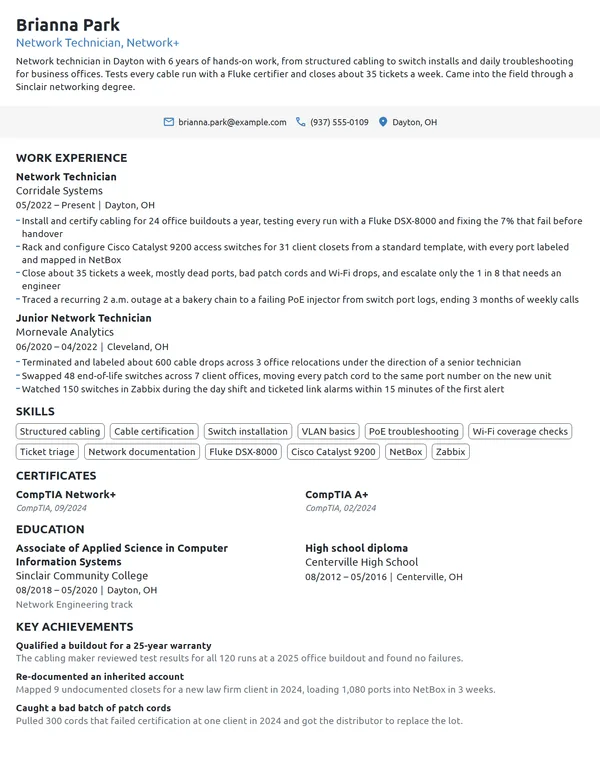 Network Technician resume example