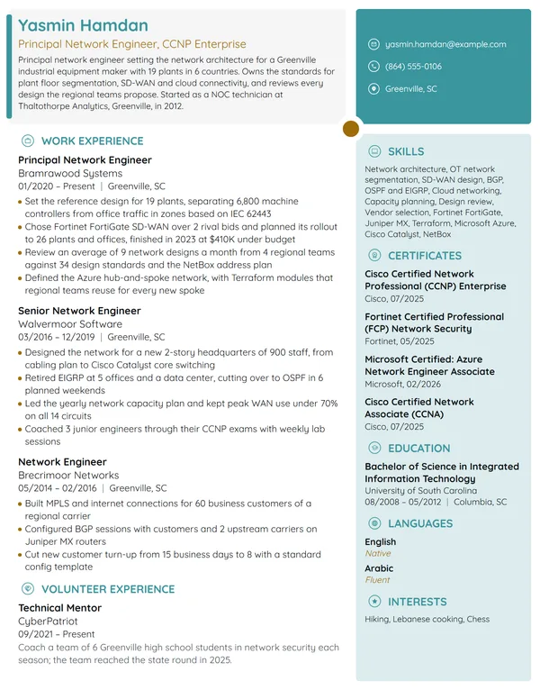 Principal Network Engineer resume example