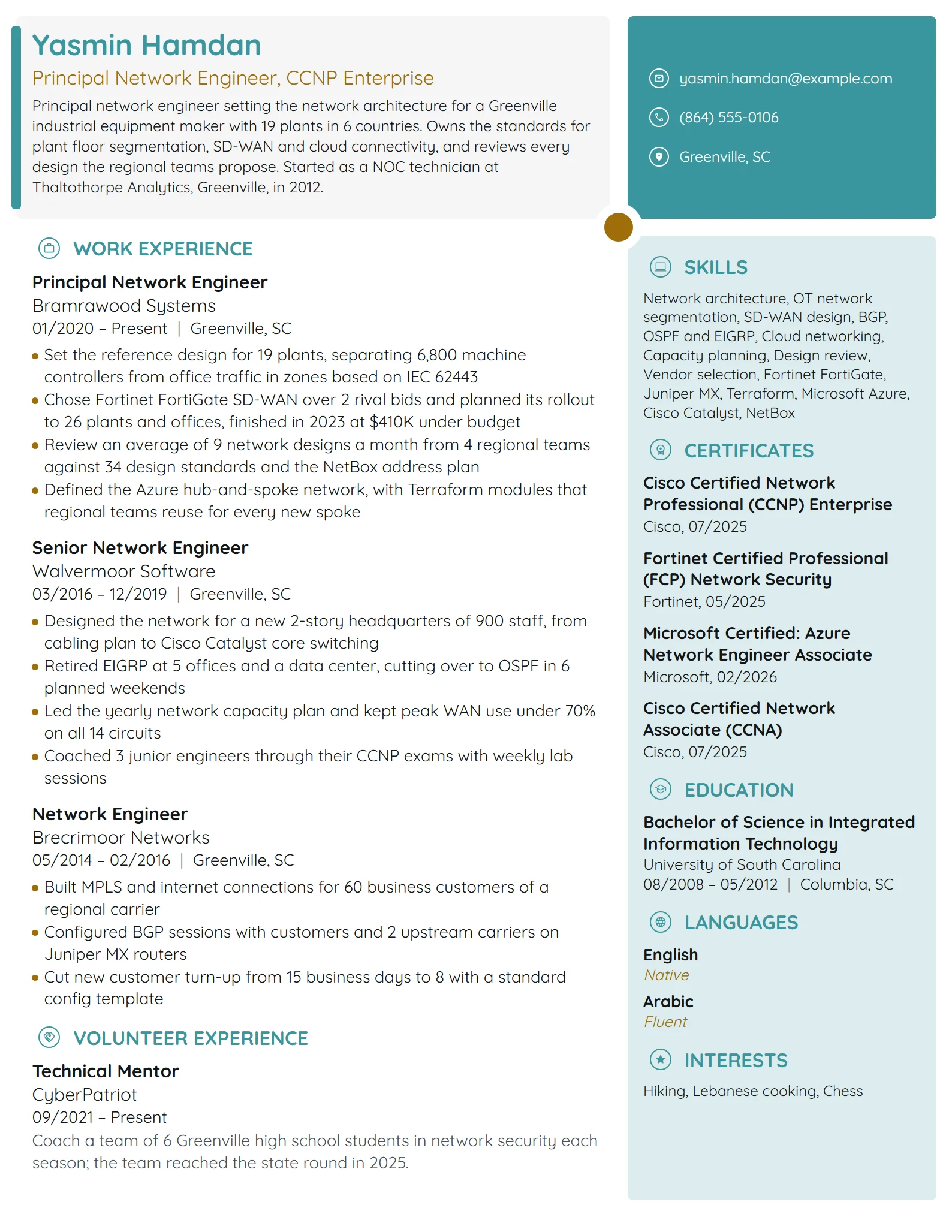Principal Network Engineer resume example
