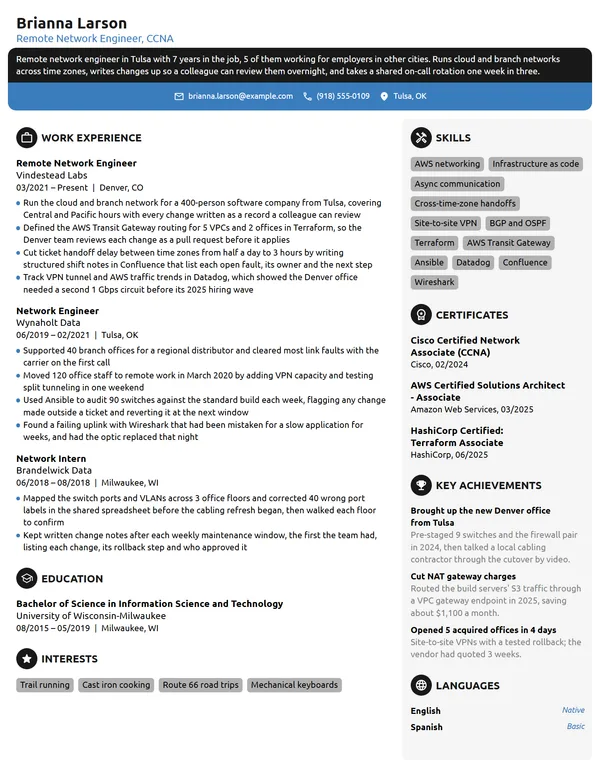 Remote Network Engineer resume example