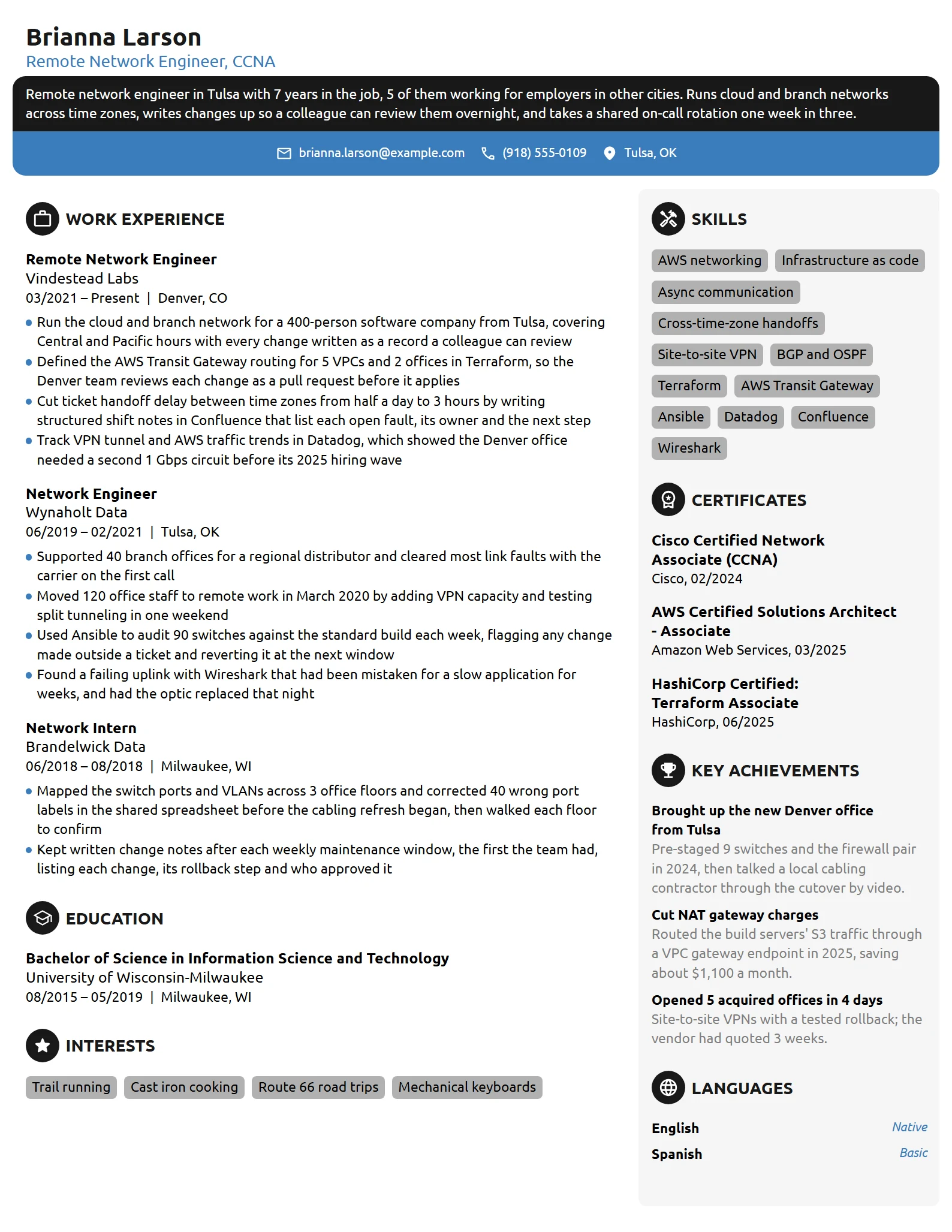 Remote Network Engineer resume example