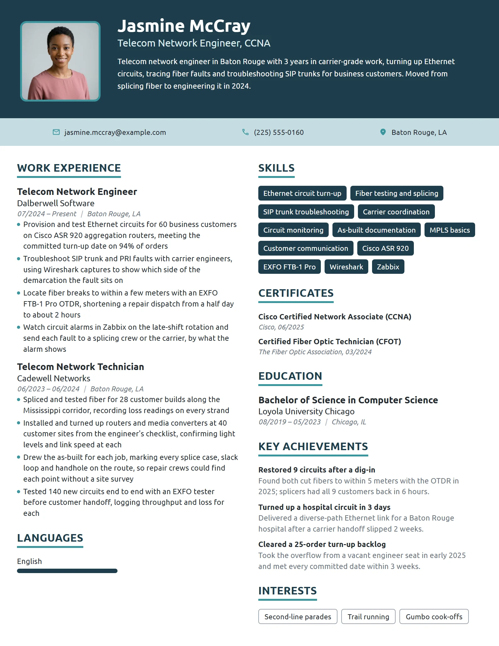 Telecom Network Engineer resume example