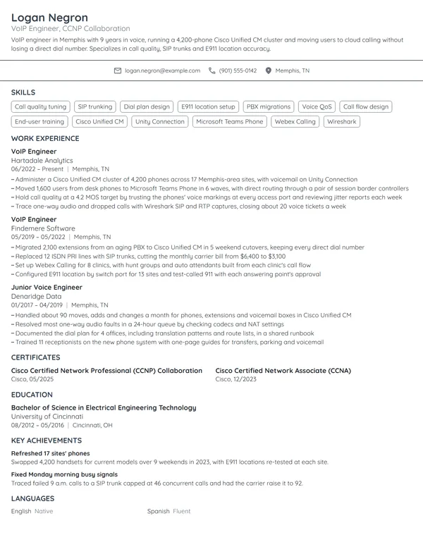 VoIP Engineer resume example