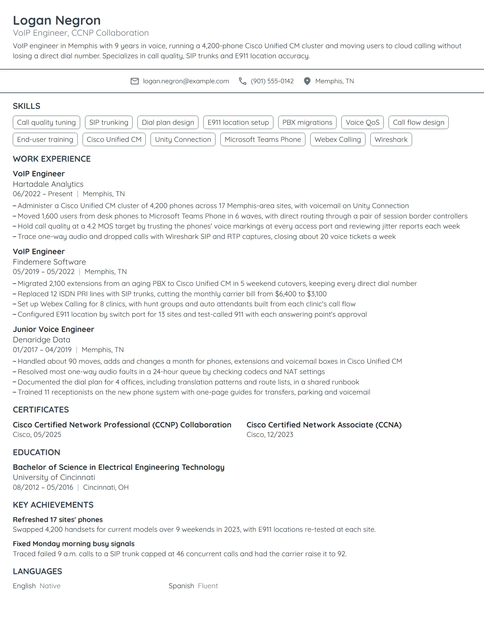 VoIP Engineer resume example