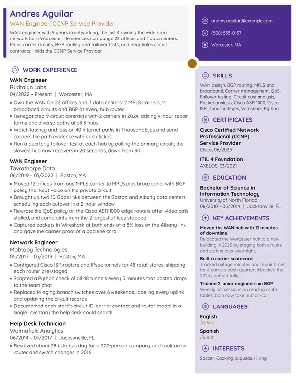 WAN Engineer resume example