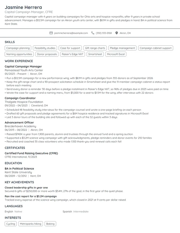 Capital Campaign Manager resume example