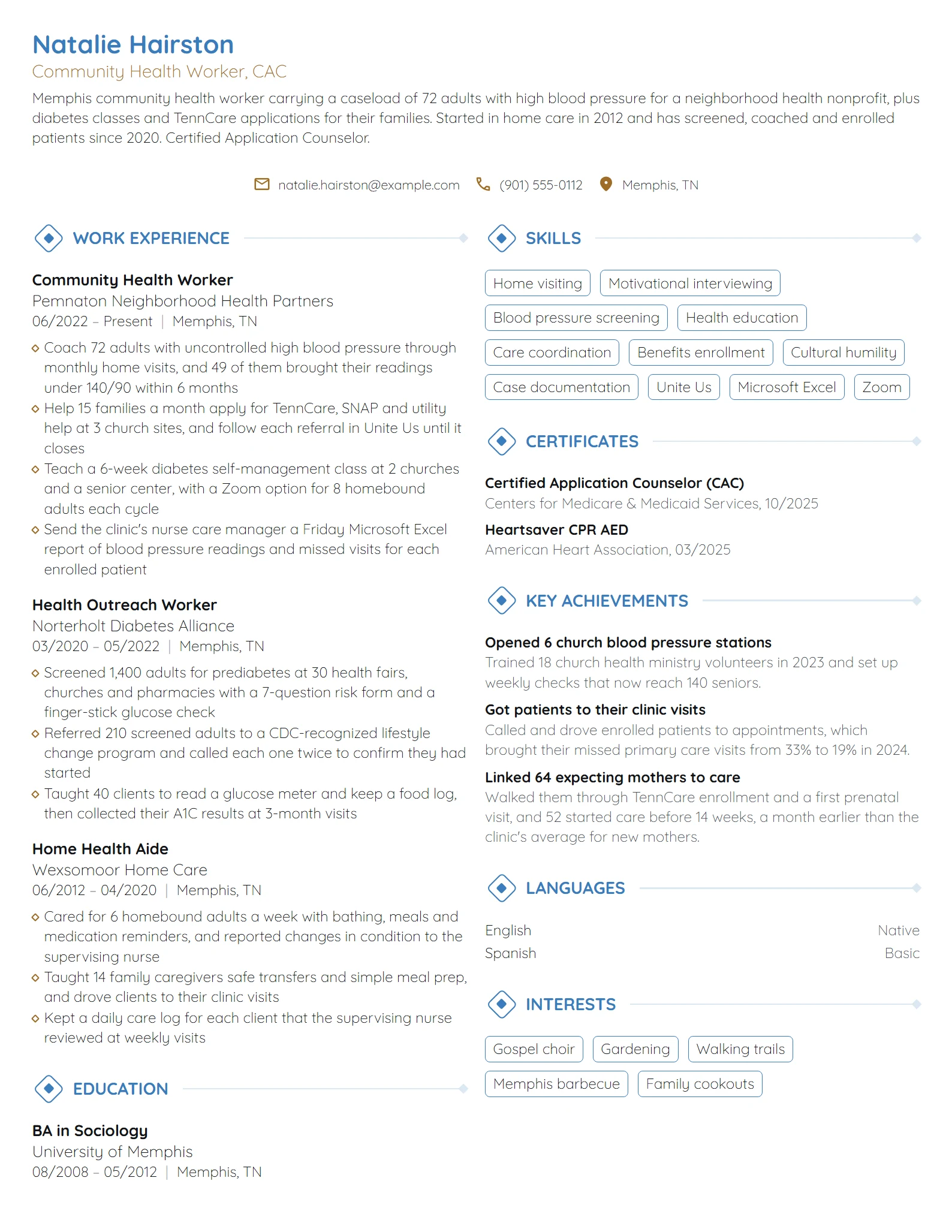 Community Health Worker resume example