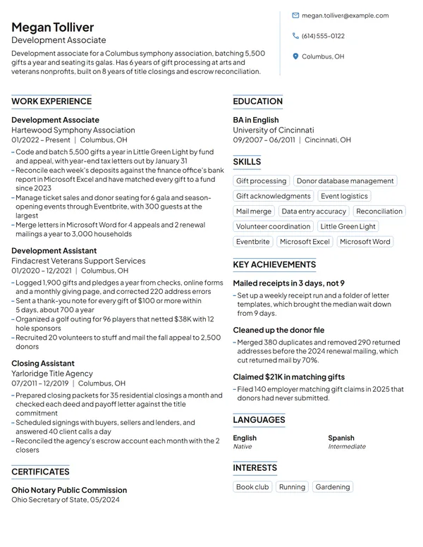 Development Associate resume example