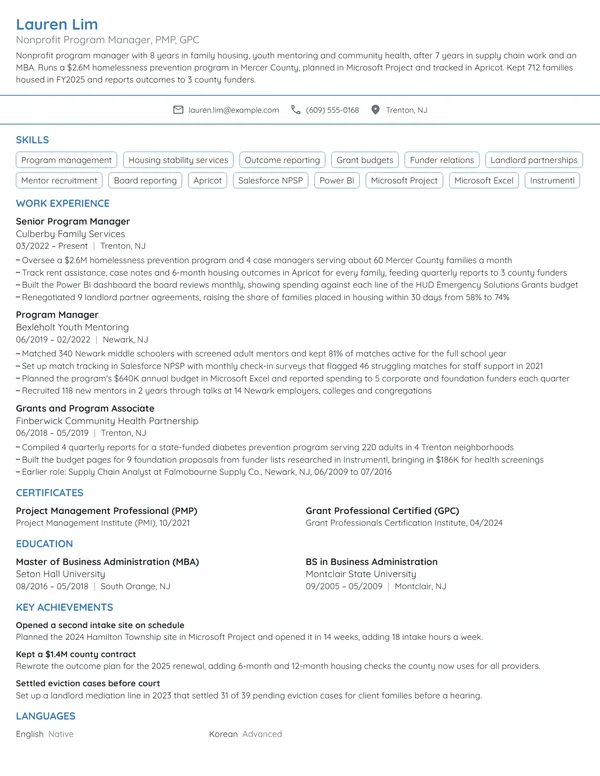 Nonprofit resume example