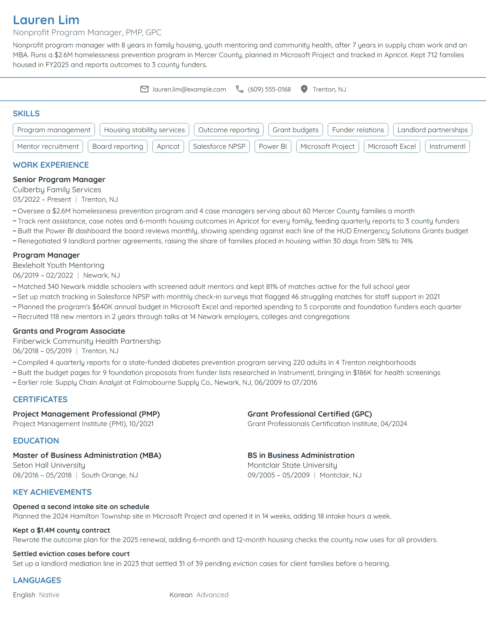 Nonprofit resume example