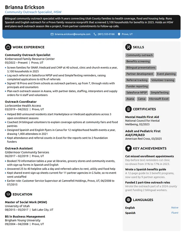 Nonprofit Community Outreach Specialist resume example