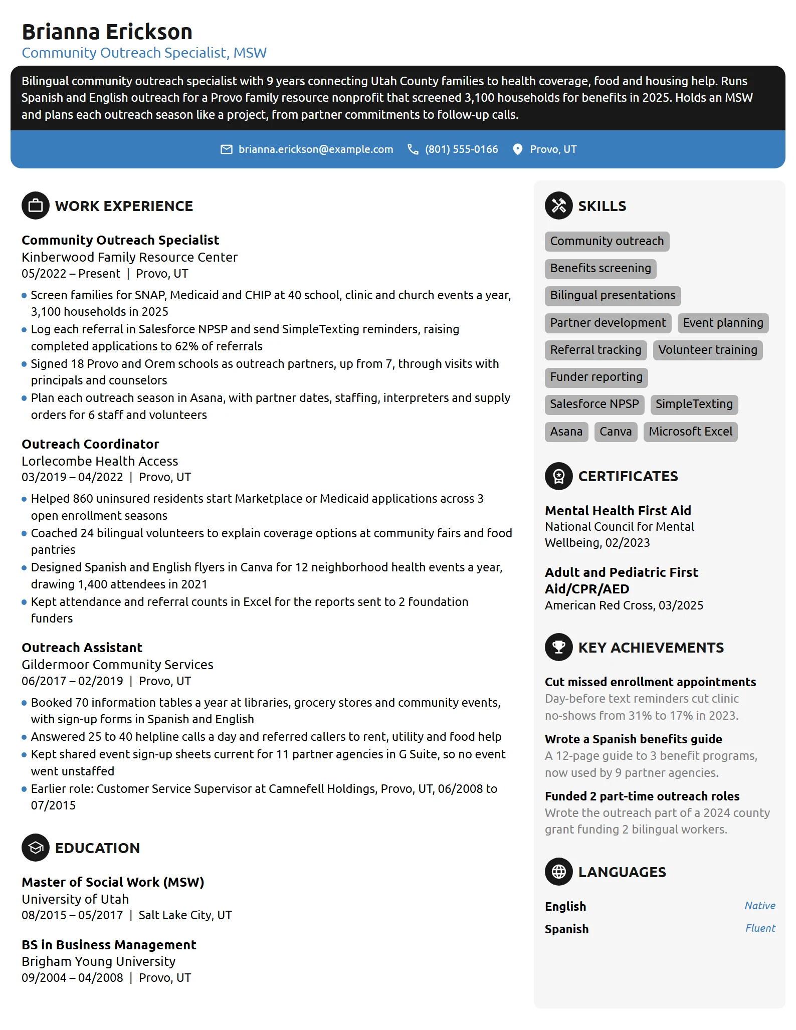 Nonprofit Community Outreach Specialist resume example