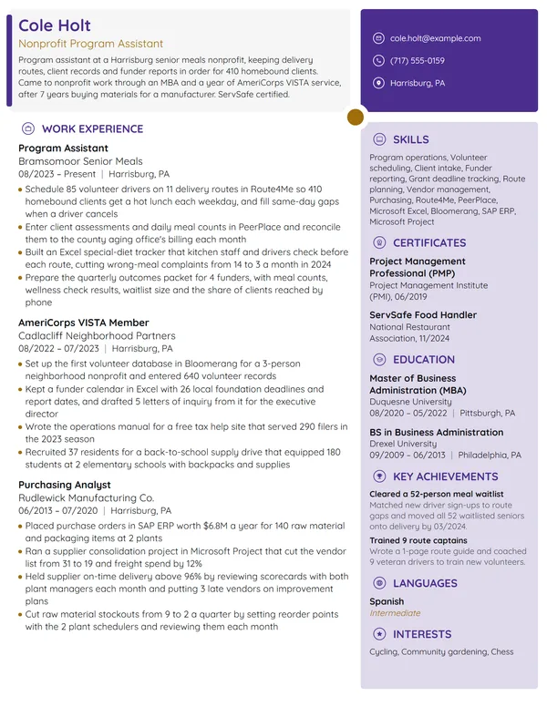 Nonprofit Program Assistant resume example