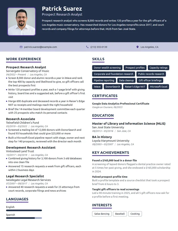 Prospect Research Analyst resume example