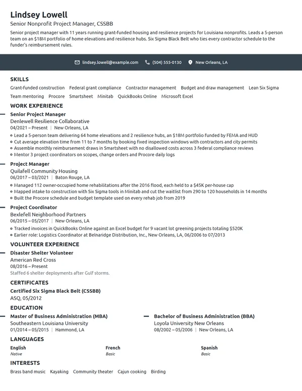 Senior Nonprofit Project Manager resume example