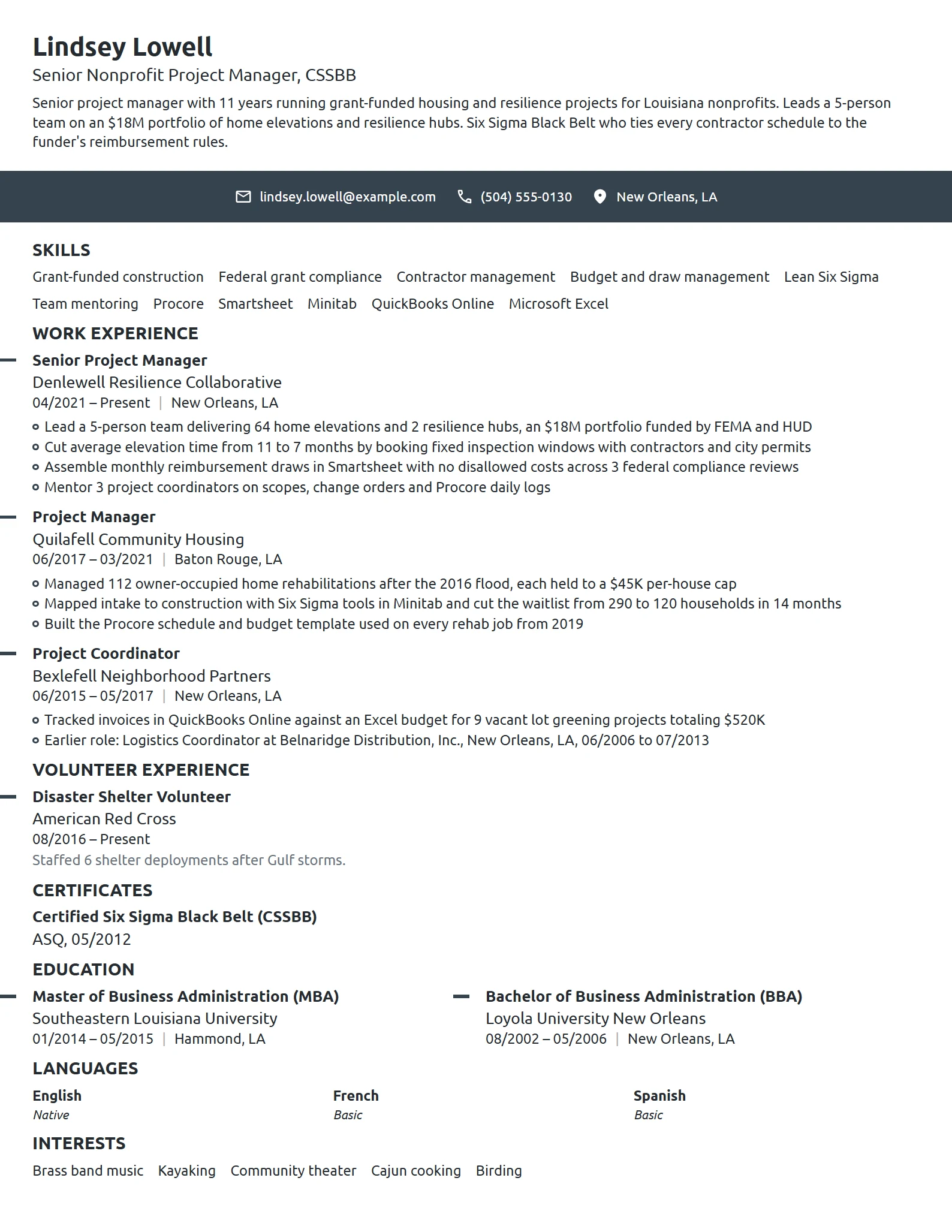 Senior Nonprofit Project Manager resume example
