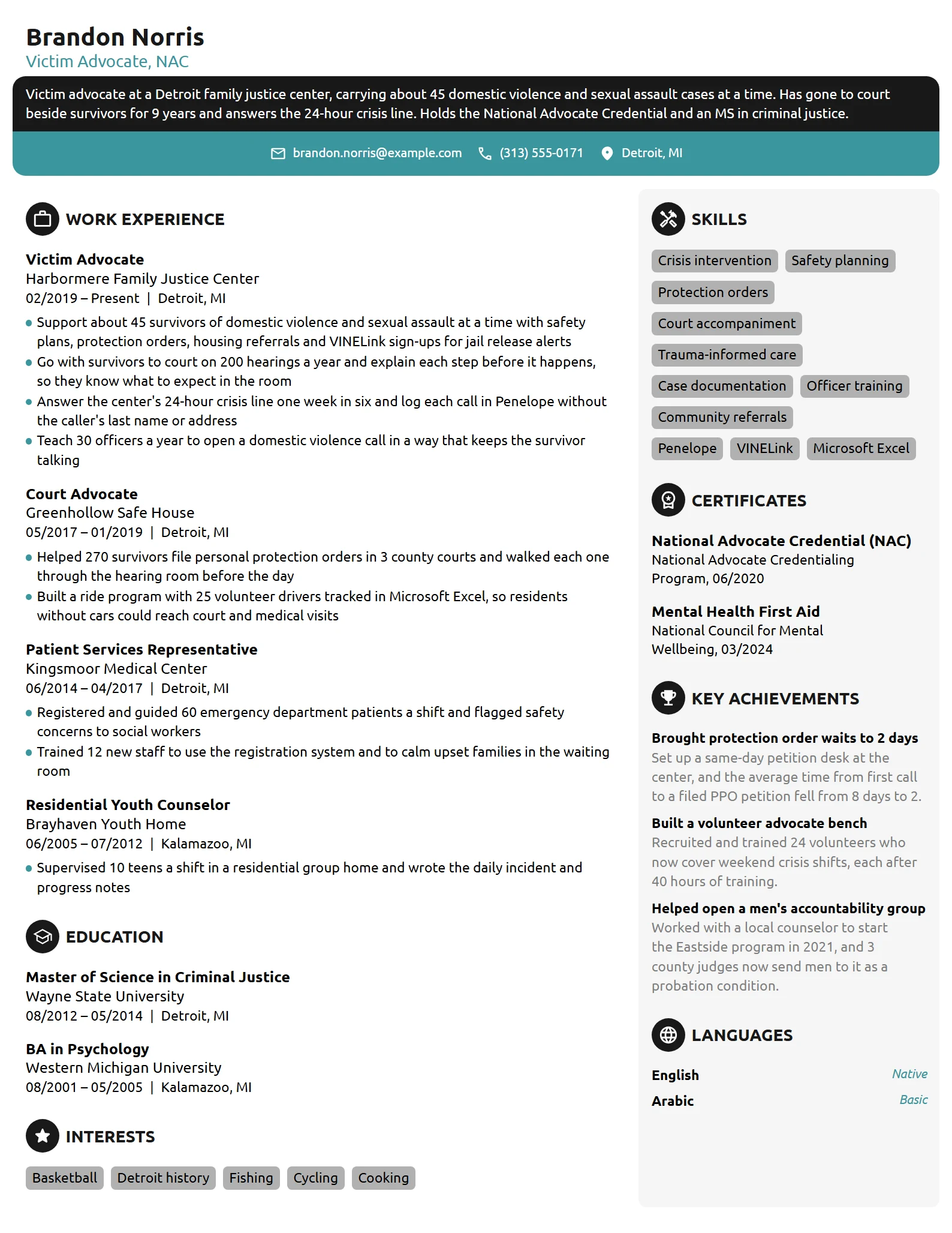 Victim Advocate resume example