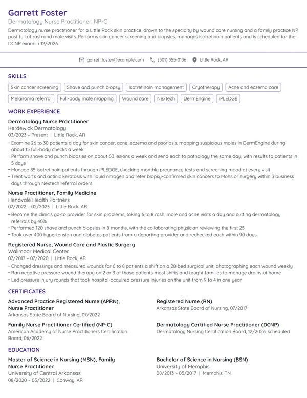 Dermatology Nurse Practitioner resume example
