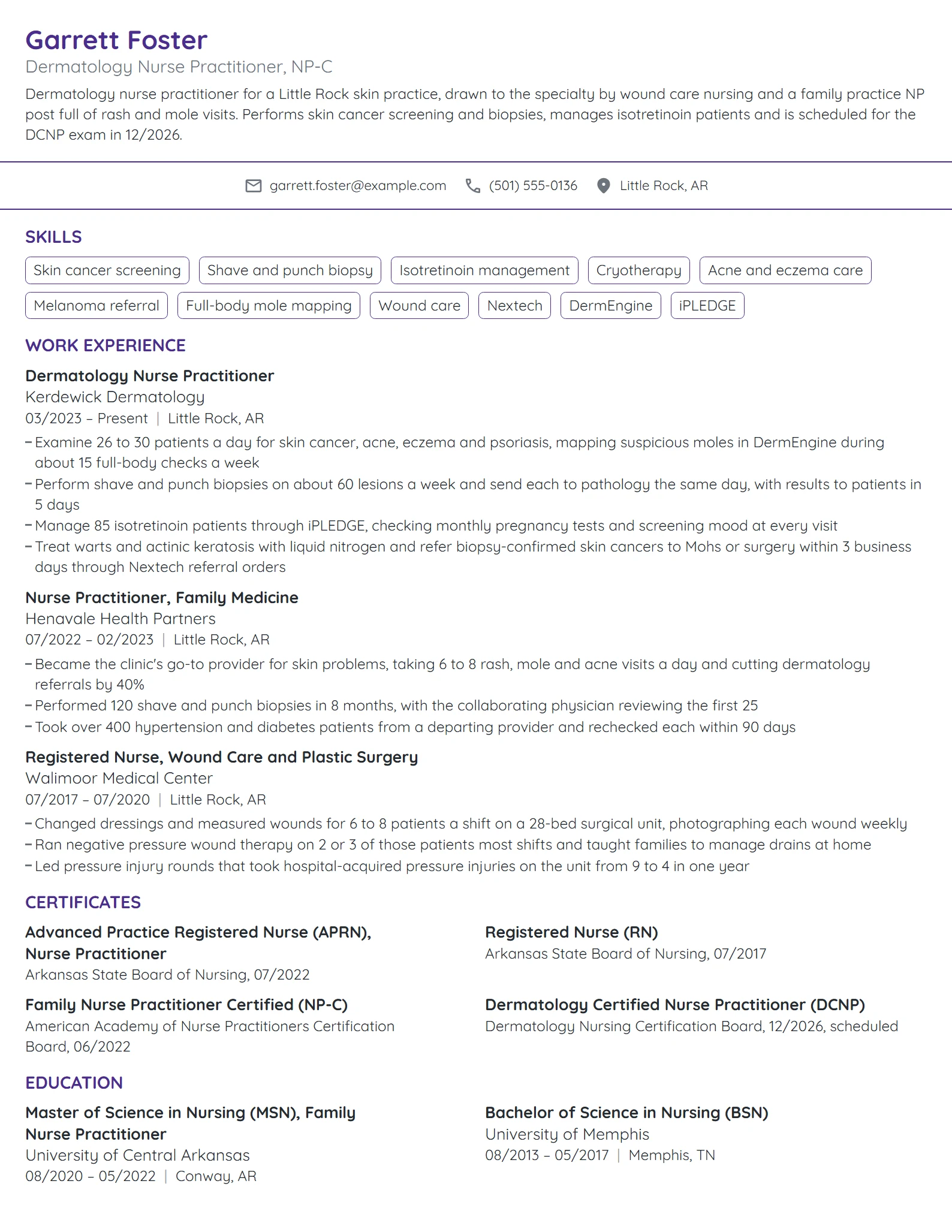Dermatology Nurse Practitioner resume example