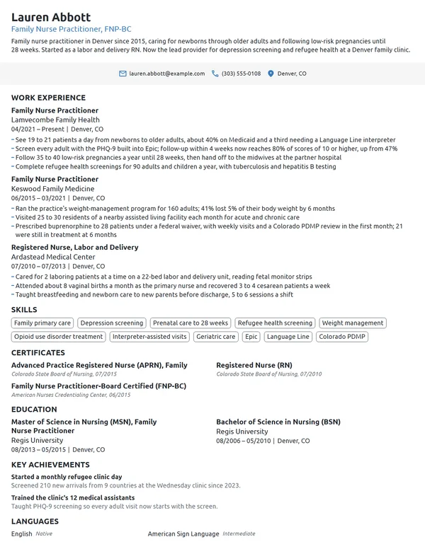 Family Nurse Practitioner (FNP) resume example