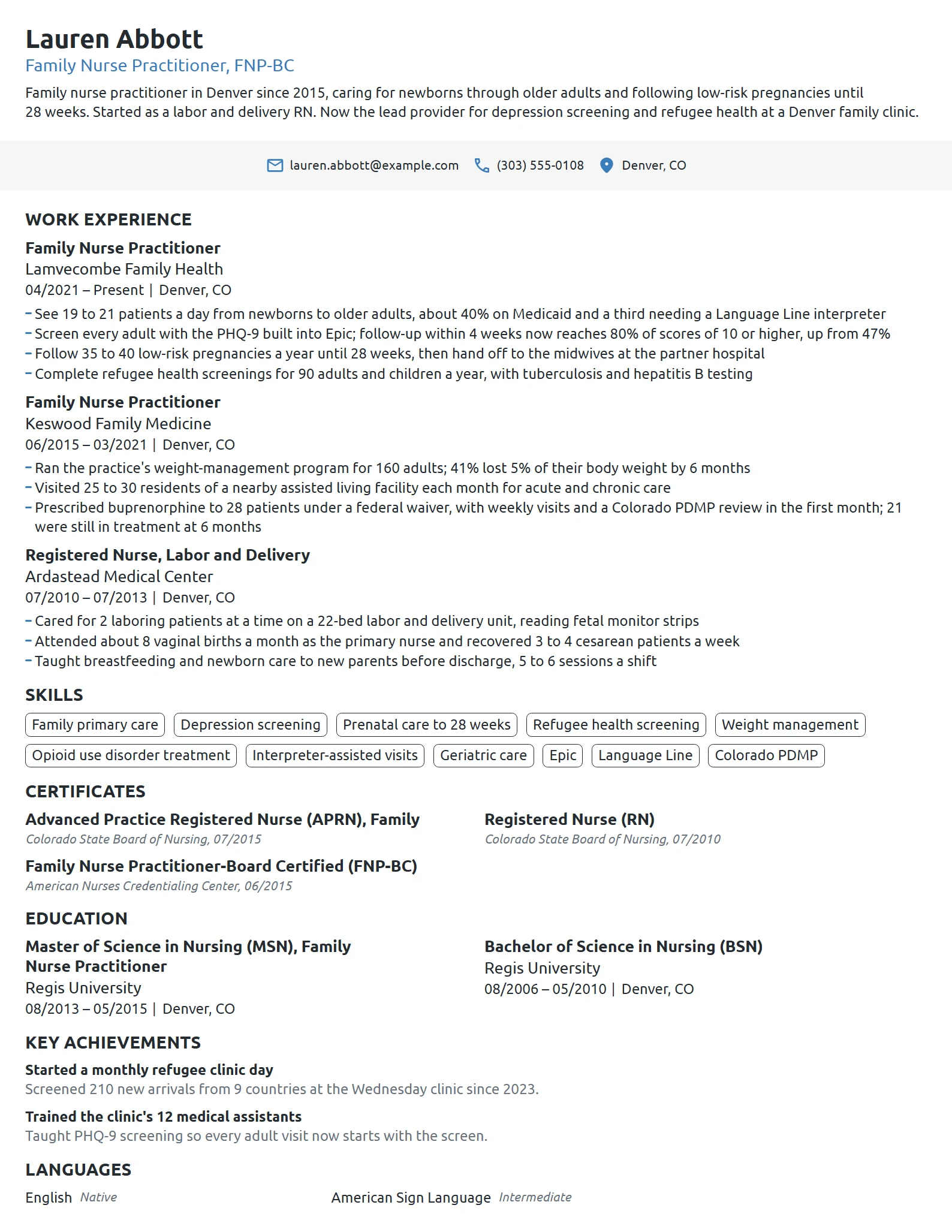 Family Nurse Practitioner (FNP) resume example