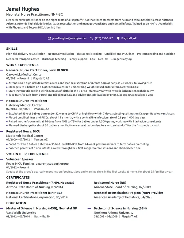 Neonatal Nurse Practitioner (NNP) resume example