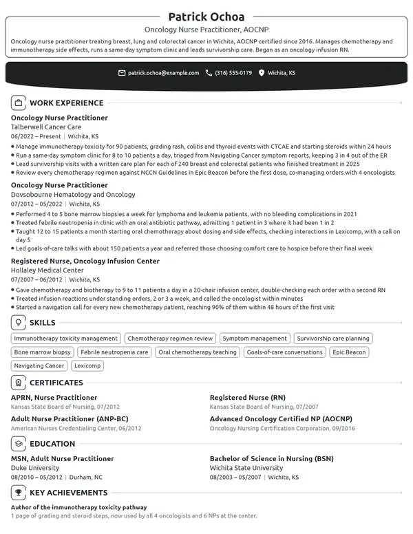 Oncology Nurse Practitioner resume example