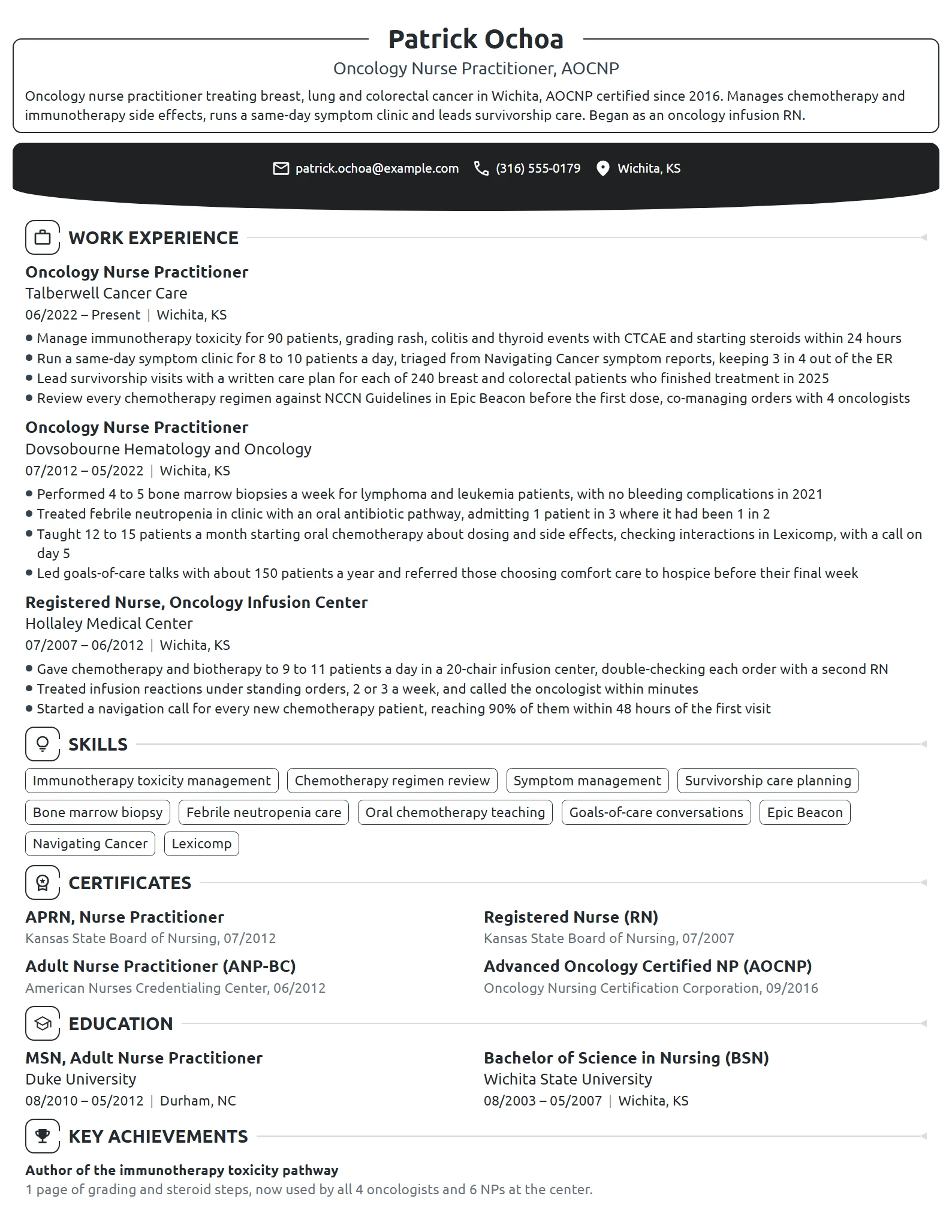 Oncology Nurse Practitioner resume example
