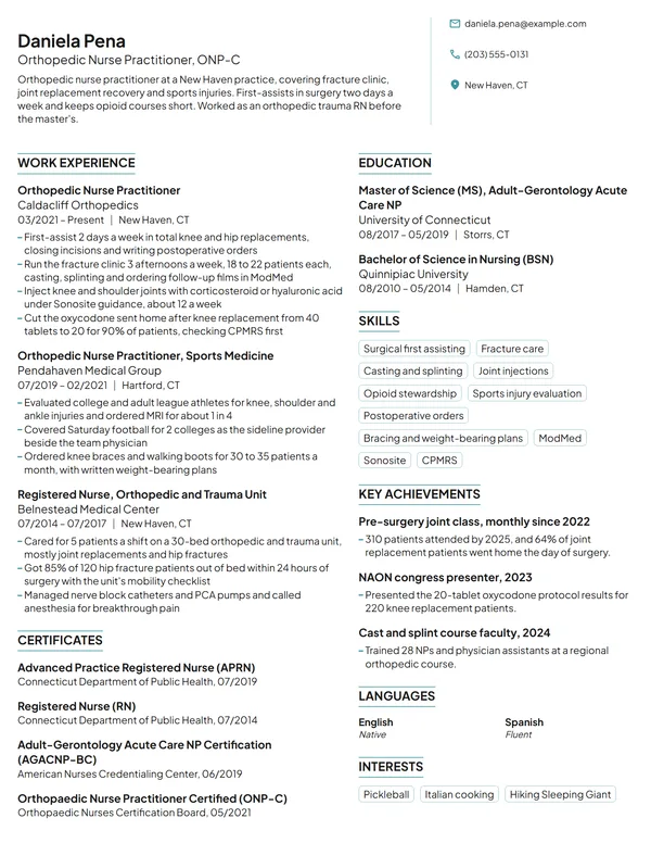 Orthopedic Nurse Practitioner resume example