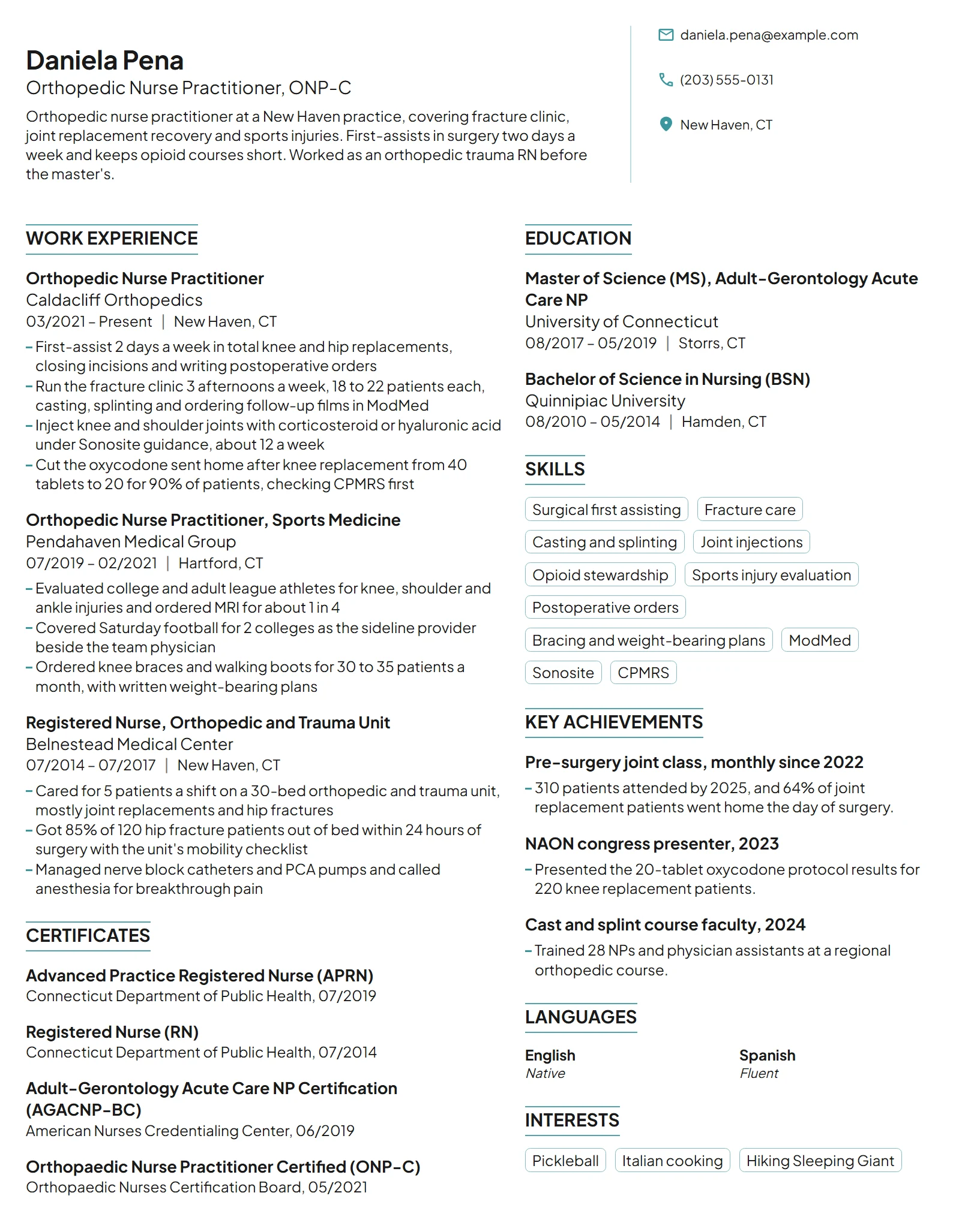 Orthopedic Nurse Practitioner resume example