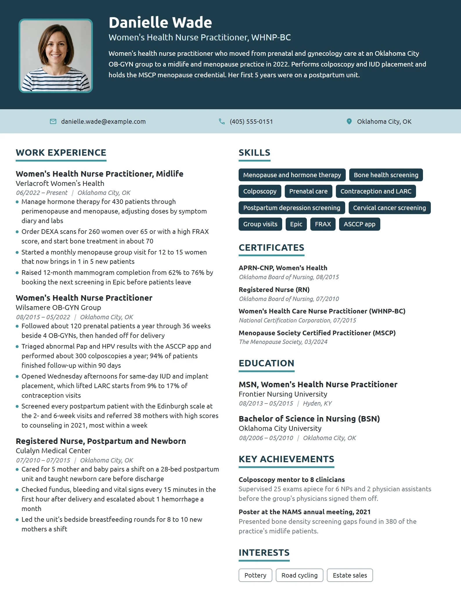 Women's Health Nurse Practitioner resume example