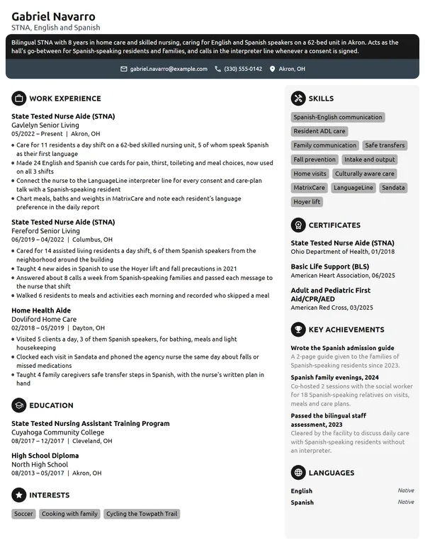 Bilingual Nursing Assistant resume example