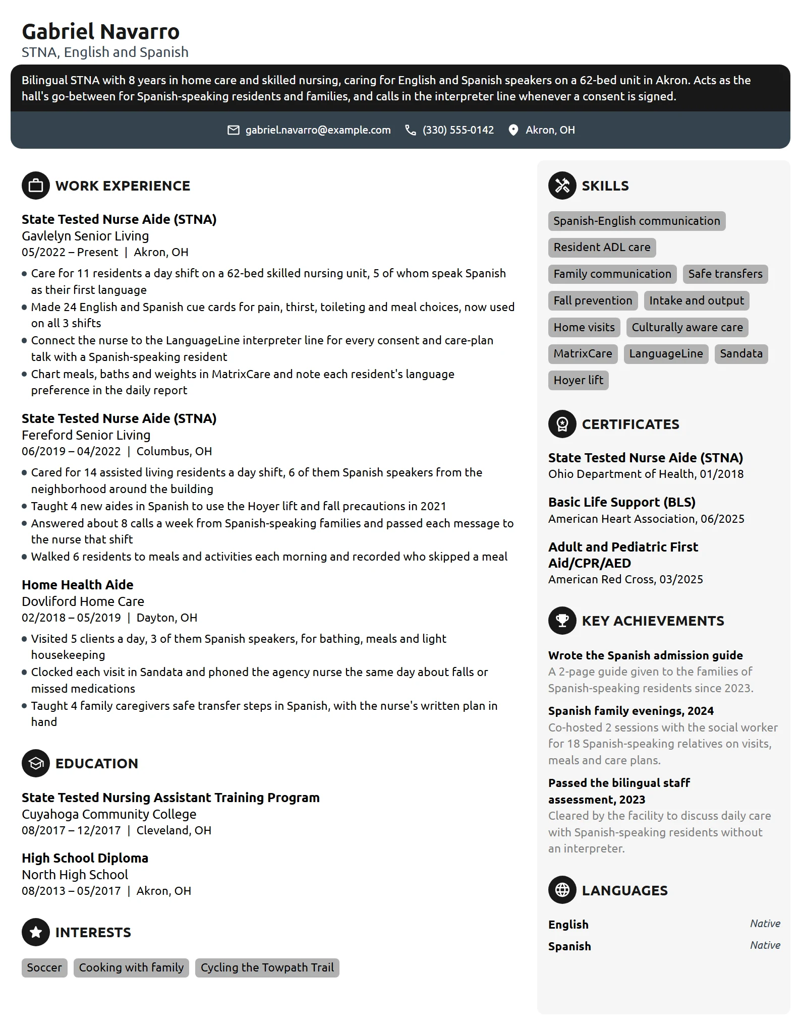 Bilingual Nursing Assistant resume example