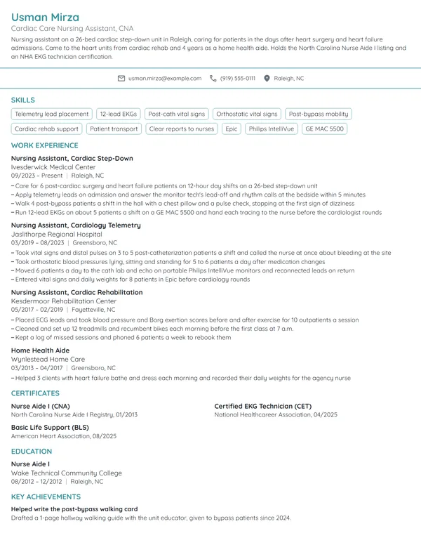 Cardiac Care Nursing Assistant resume example