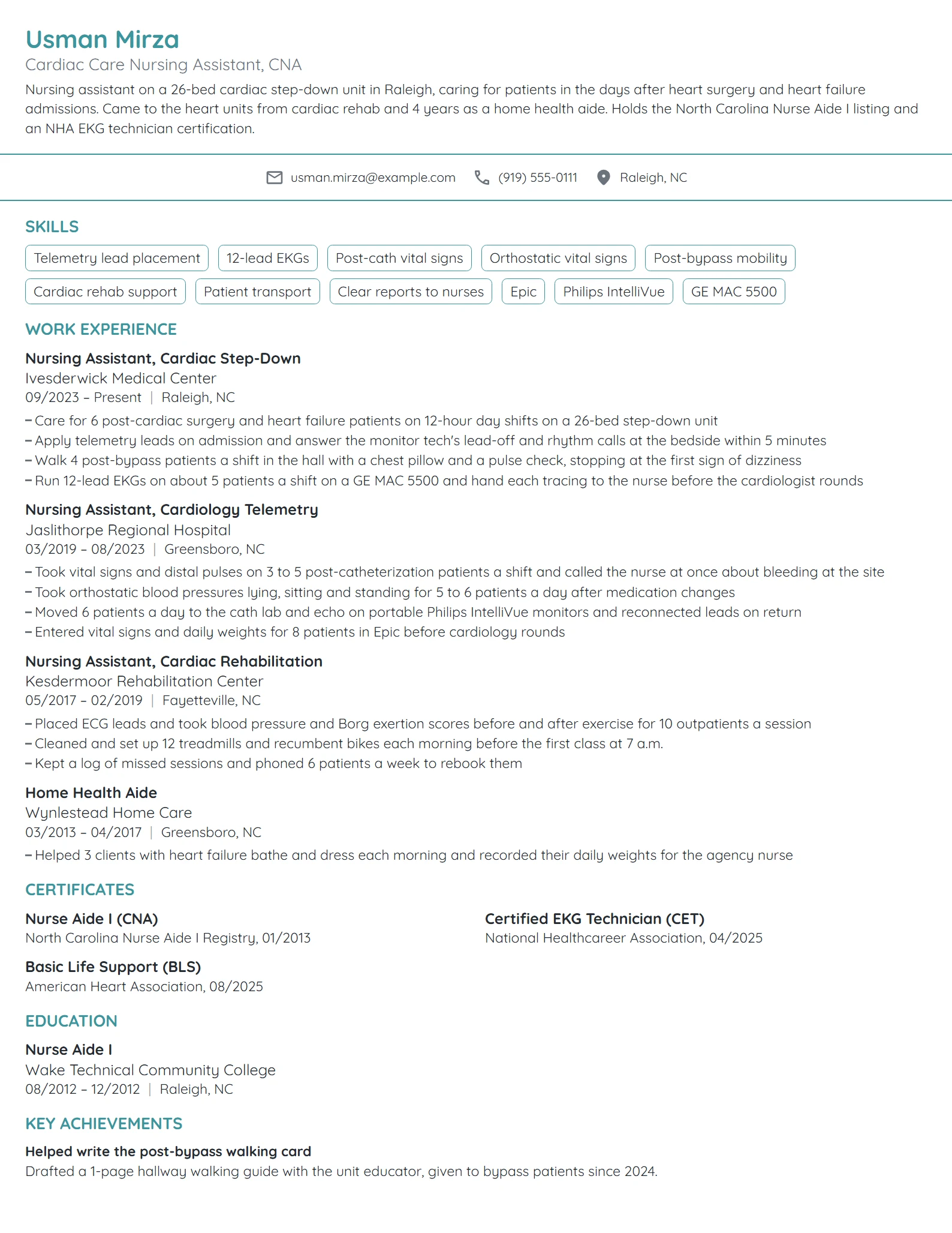 Cardiac Care Nursing Assistant resume example
