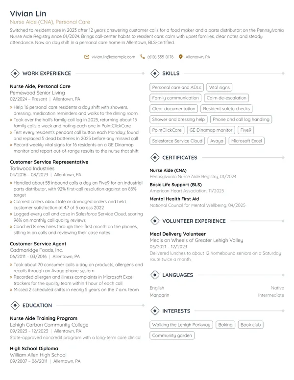 Career Change Nursing Assistant resume example