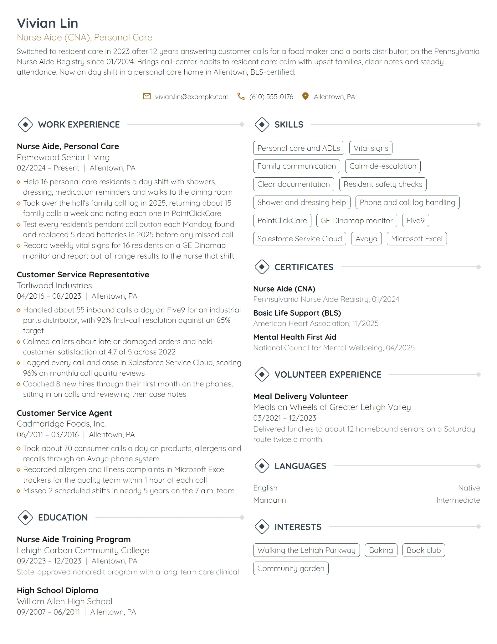 Career Change Nursing Assistant resume example