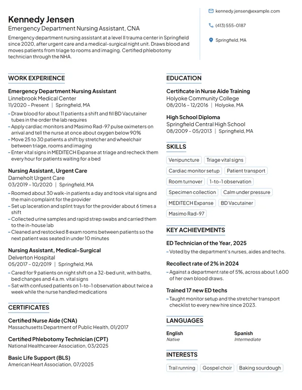 Emergency Room Nursing Assistant resume example