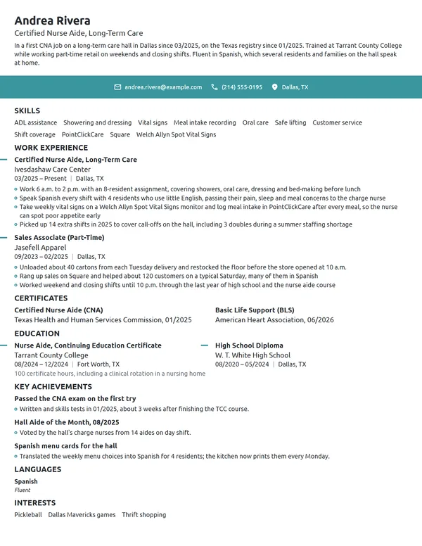 Entry-Level Nursing Assistant resume example