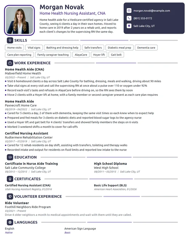Home Health Nursing Assistant resume example