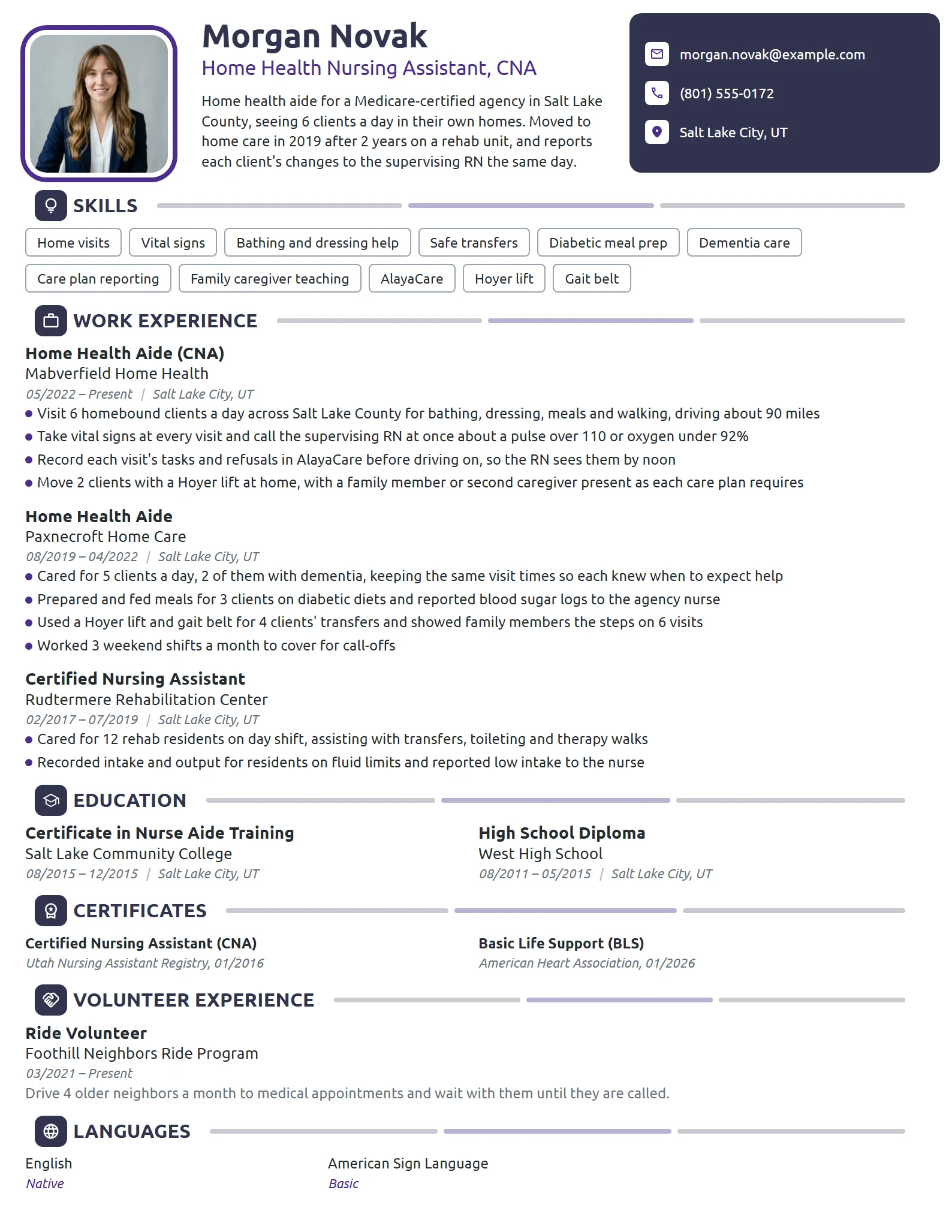 Home Health Nursing Assistant resume example