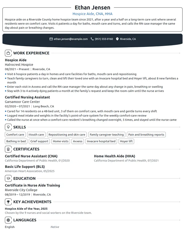 Hospice Nursing Assistant resume example