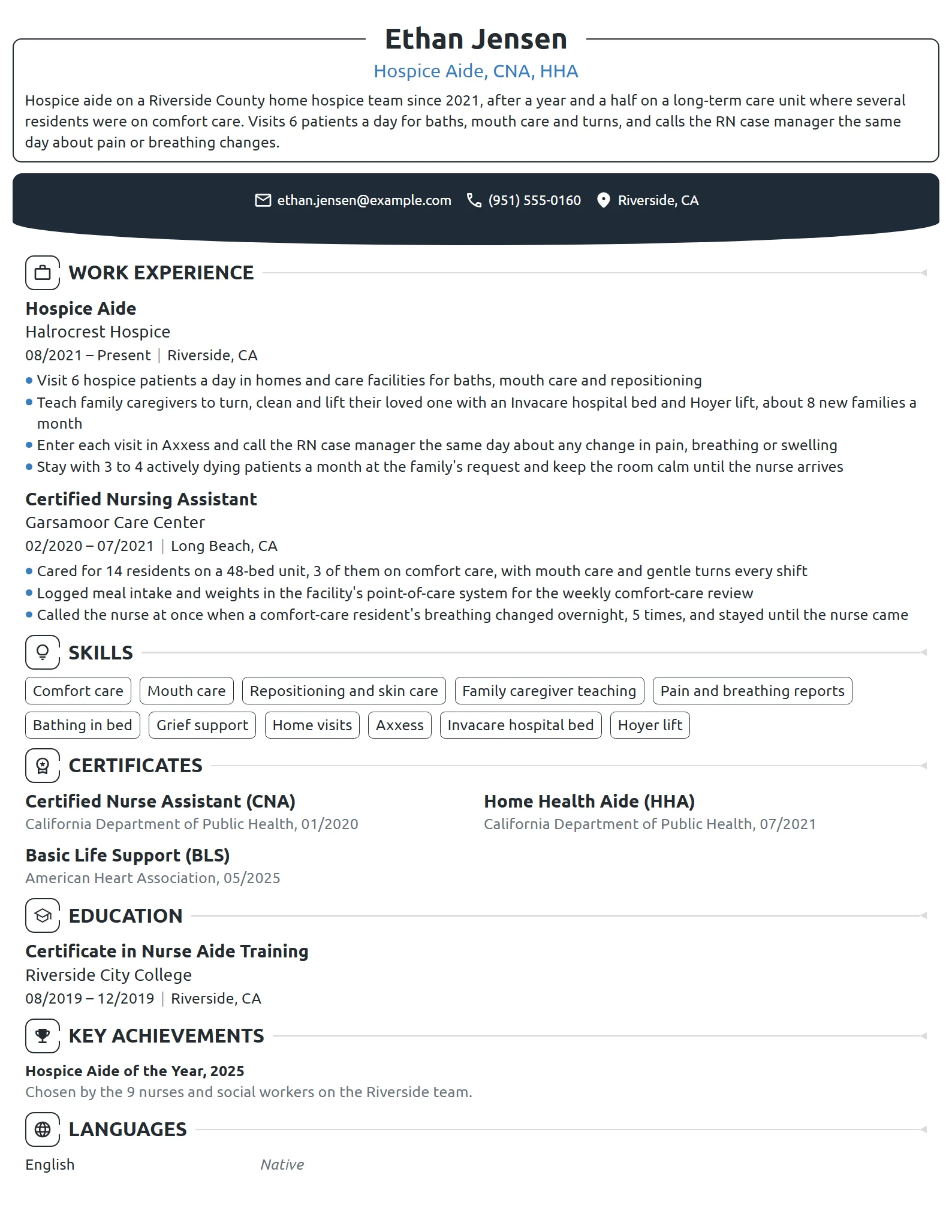 Hospice Nursing Assistant resume example