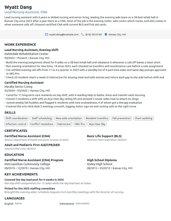 Lead Nursing Assistant resume example