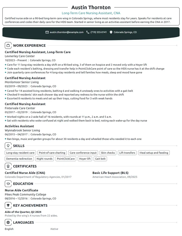 Long-Term Care Nursing Assistant resume example