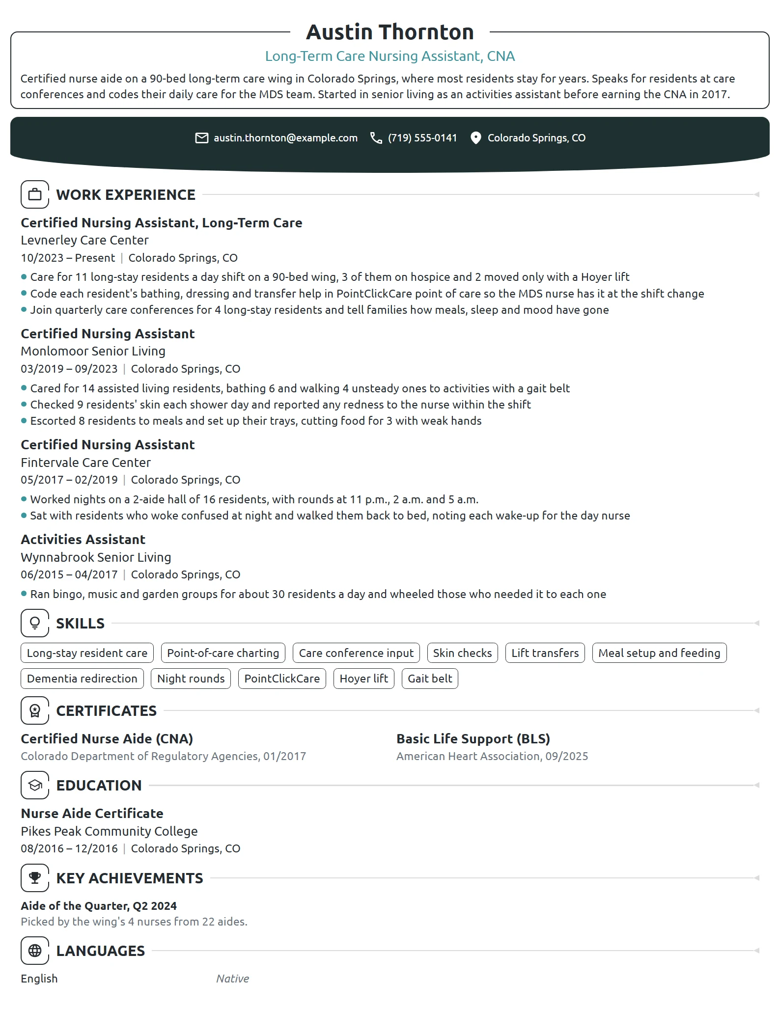 Long-Term Care Nursing Assistant resume example