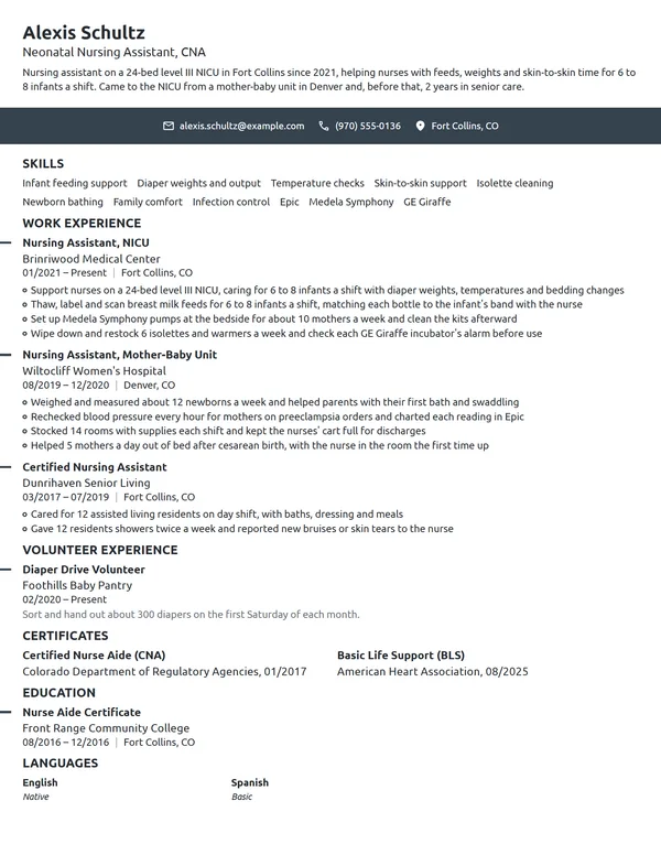 Neonatal Nursing Assistant resume example