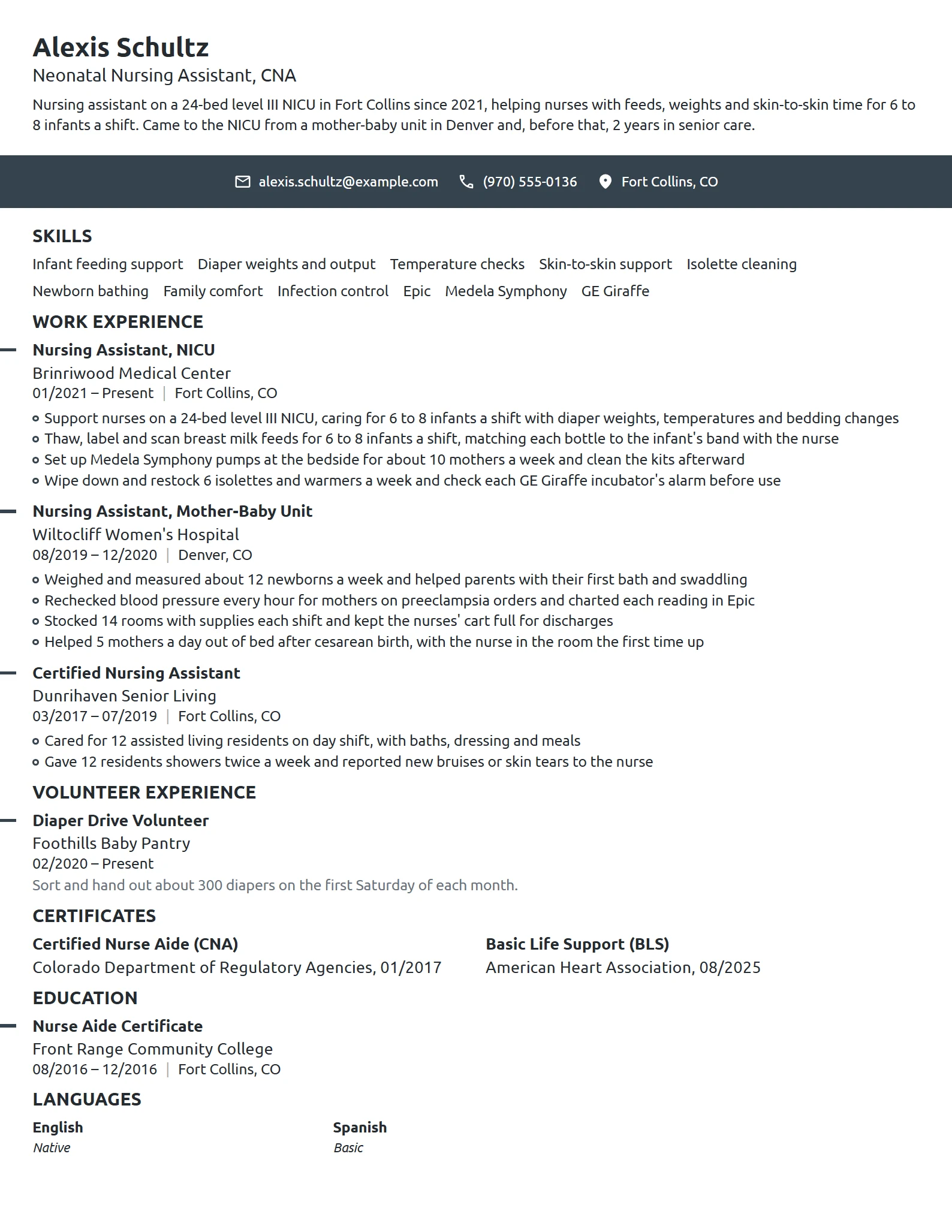 Neonatal Nursing Assistant resume example
