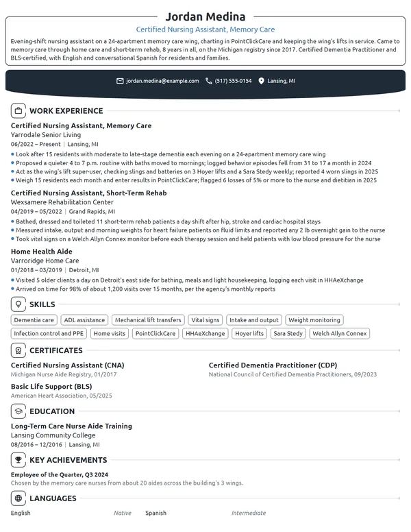Nursing Assistant resume example